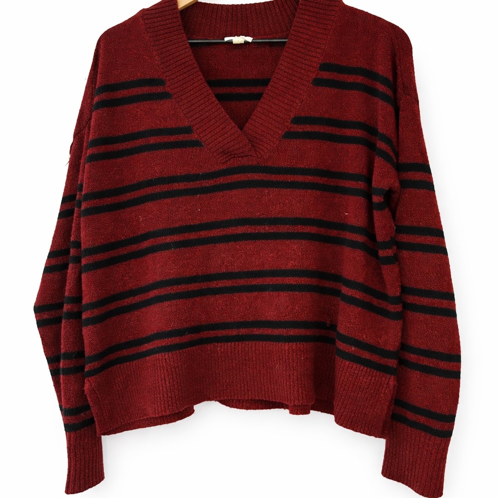 a.n.a Burgundy & Black Striped V-Neck Sweater Size L